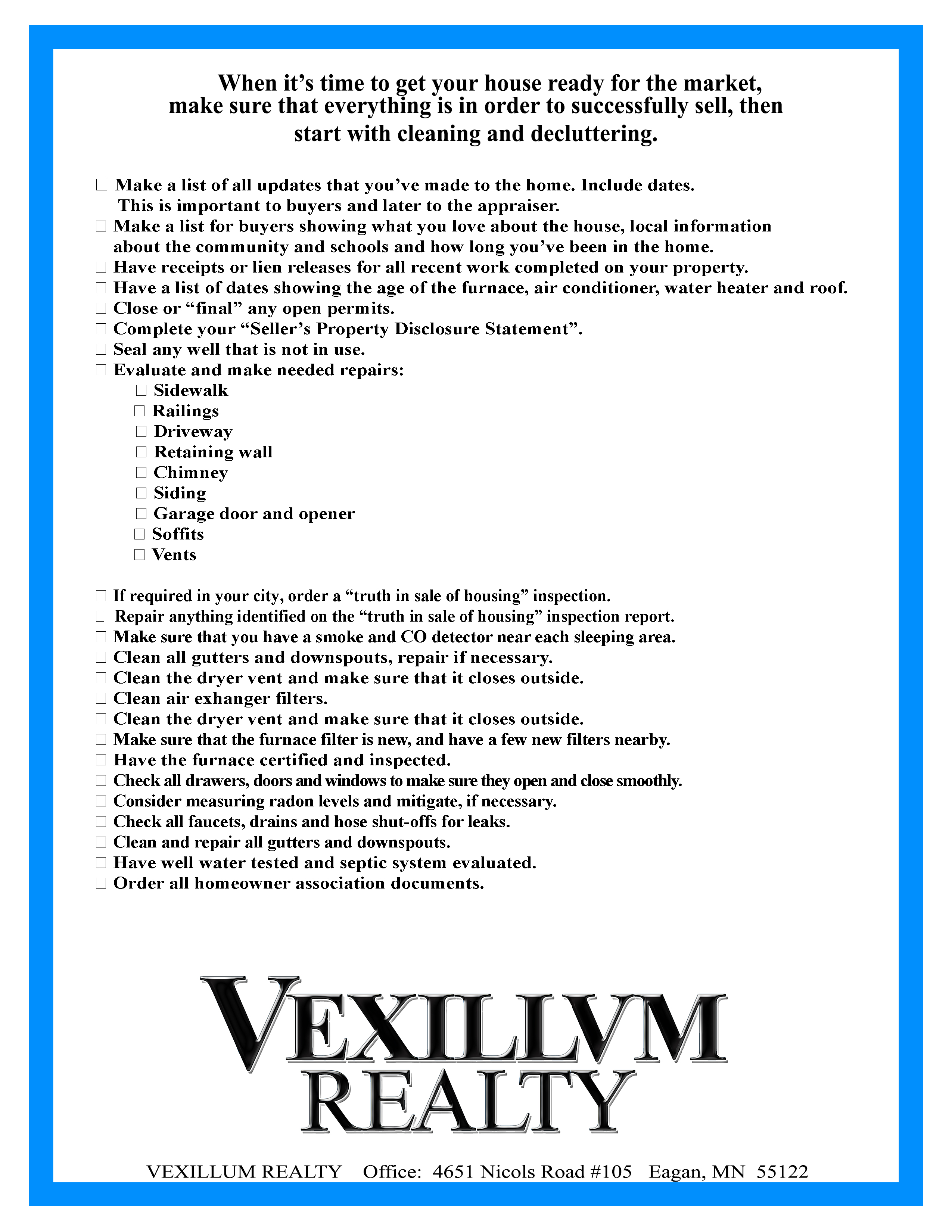 Home Seller Checklist Vexillum Realty Mark Westpfahl