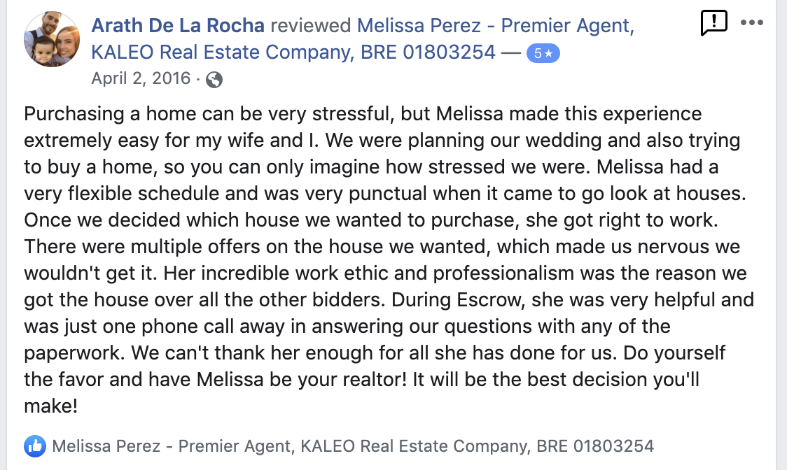 Facebook Review with 5 Stars for Melissa Perez