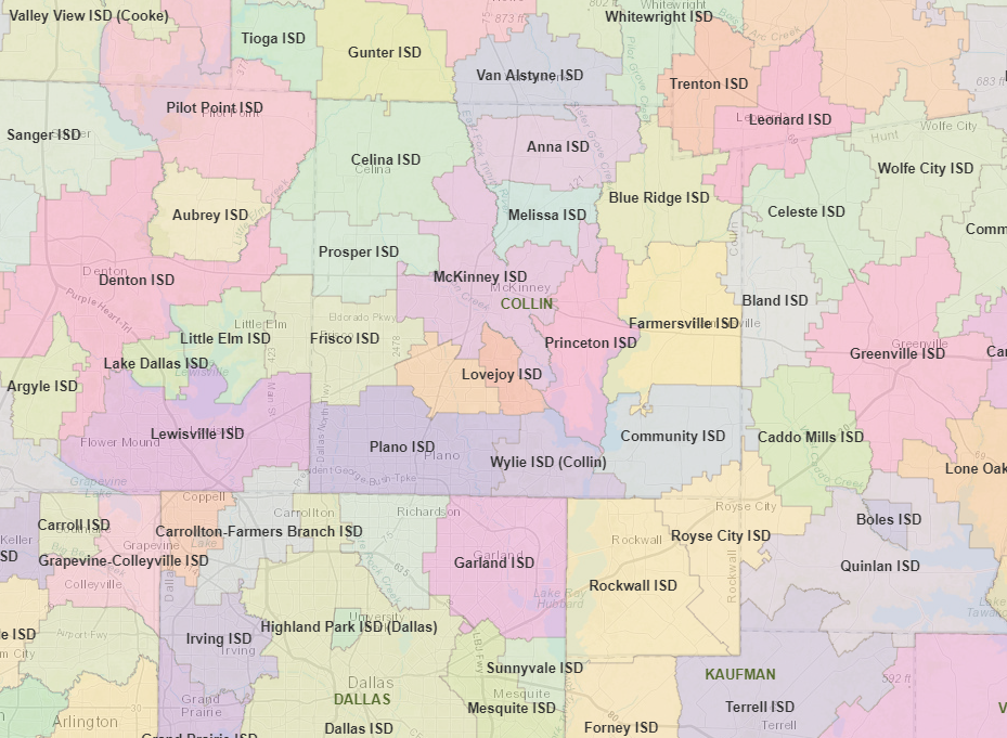 Map of North Dallas Counties School Districts (Collin, Denton)