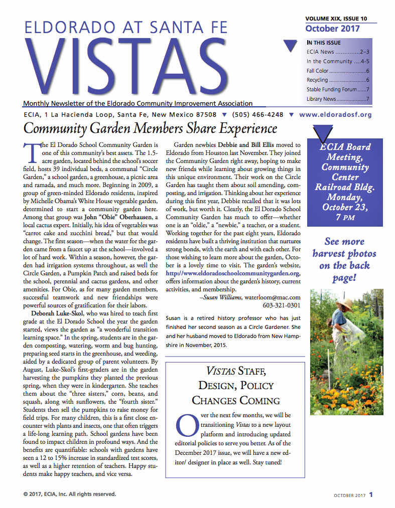 OCTOBER VISTAS COMMUNITY NEWSLETTER NOW AVAILABLE