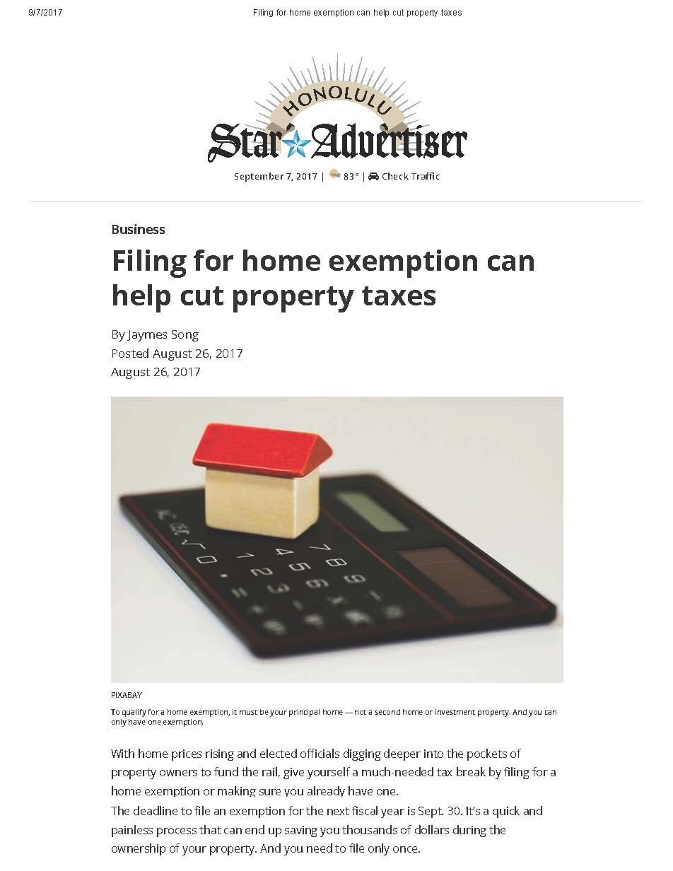 Filing for Home Exemption Can Help Cut Property Taxes - Honolulu Star Advertiser