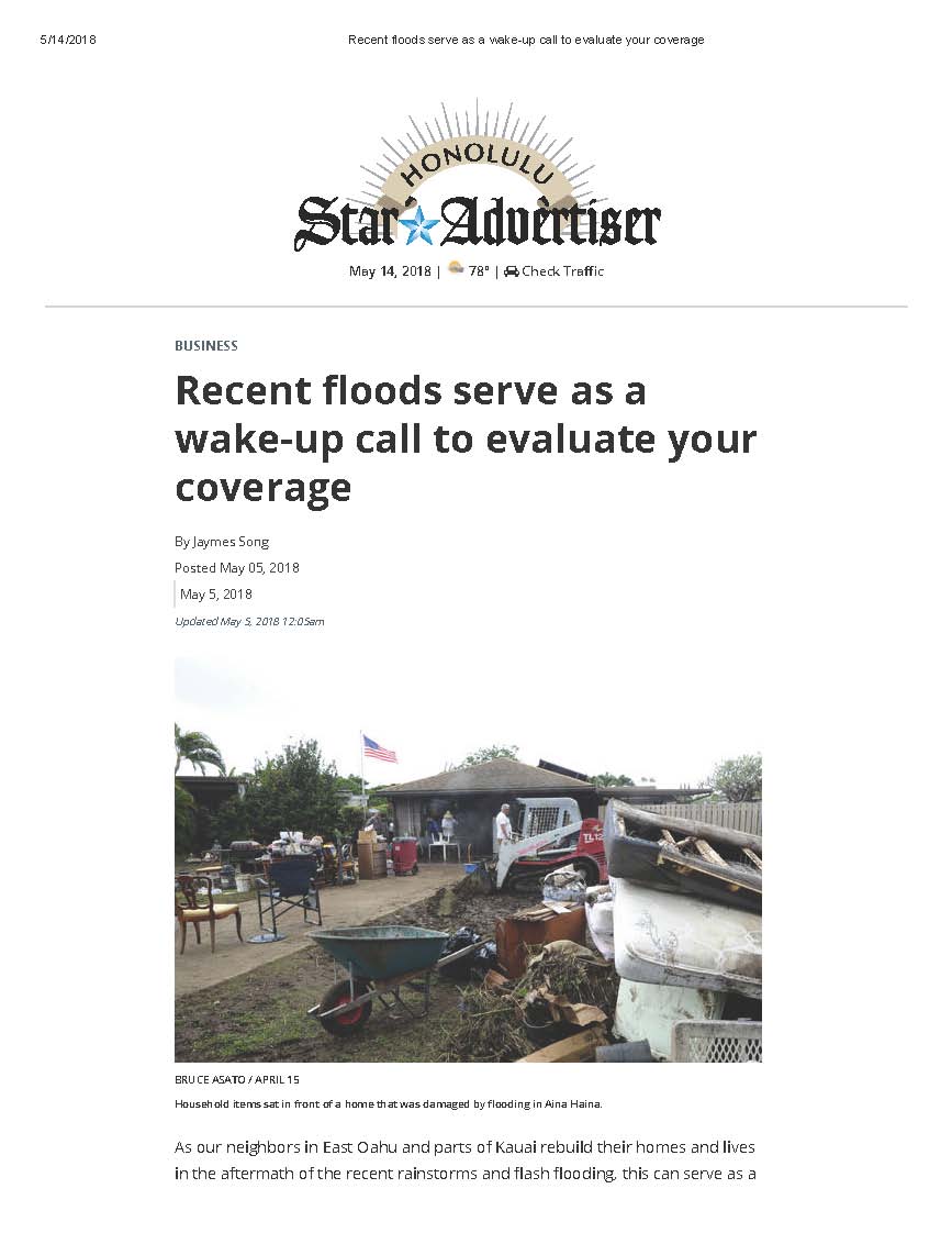Recent Floods Serve as a Wake-Up Call to Evaluate Your Coverage - Honolulu Star Advertiser