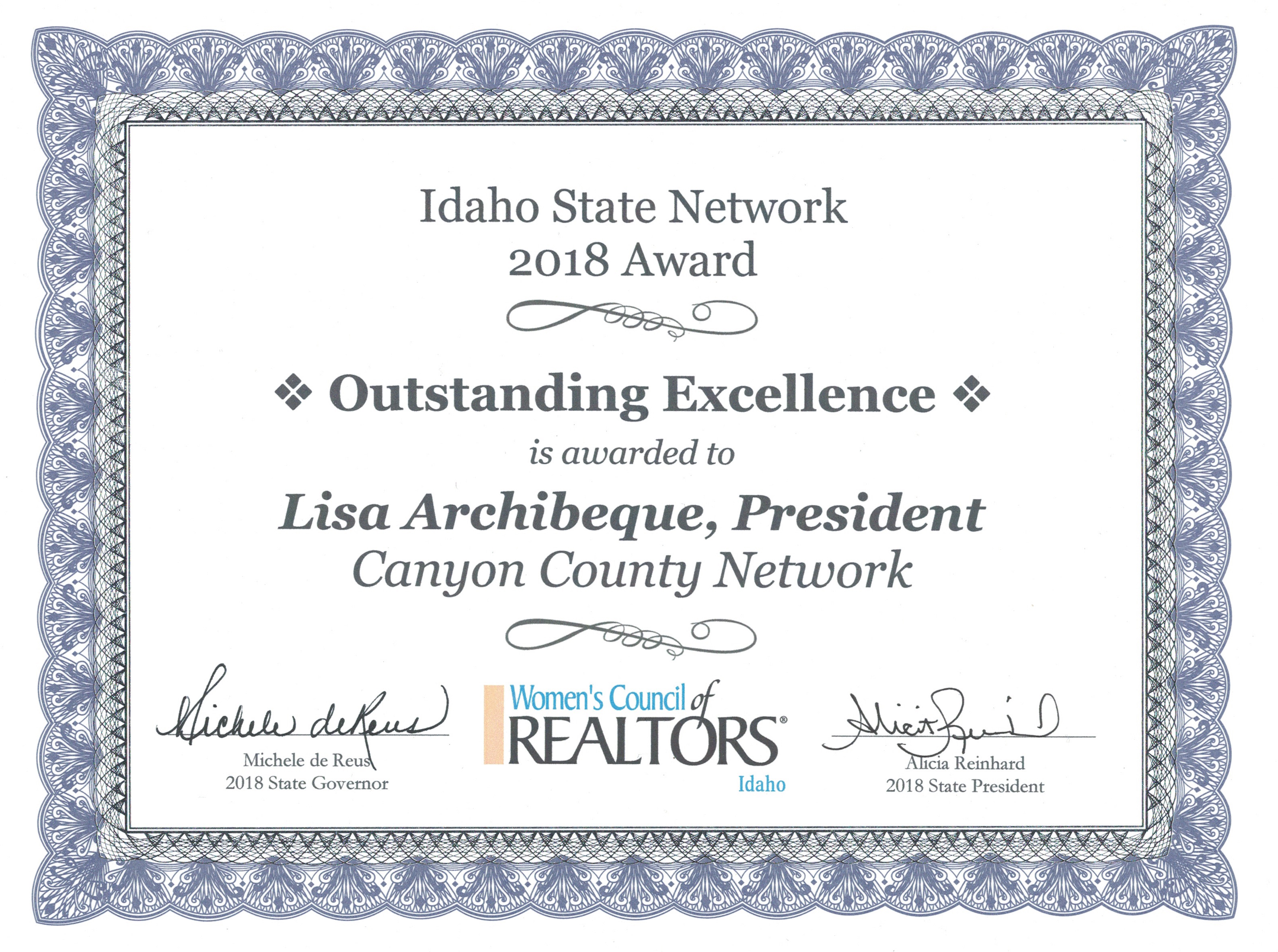 2018 Award to Lisa Archibeque | Women's Council of REALTORS® Canyon County President