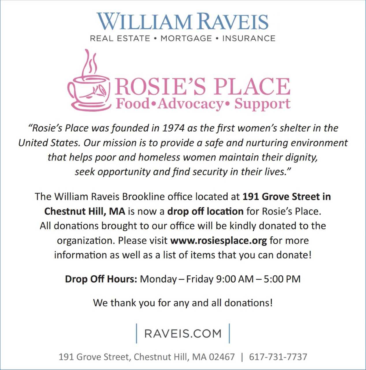 William Raveis Real Estate Brookline at Putterham Circle is a Drop Off Location for Rosie's Place