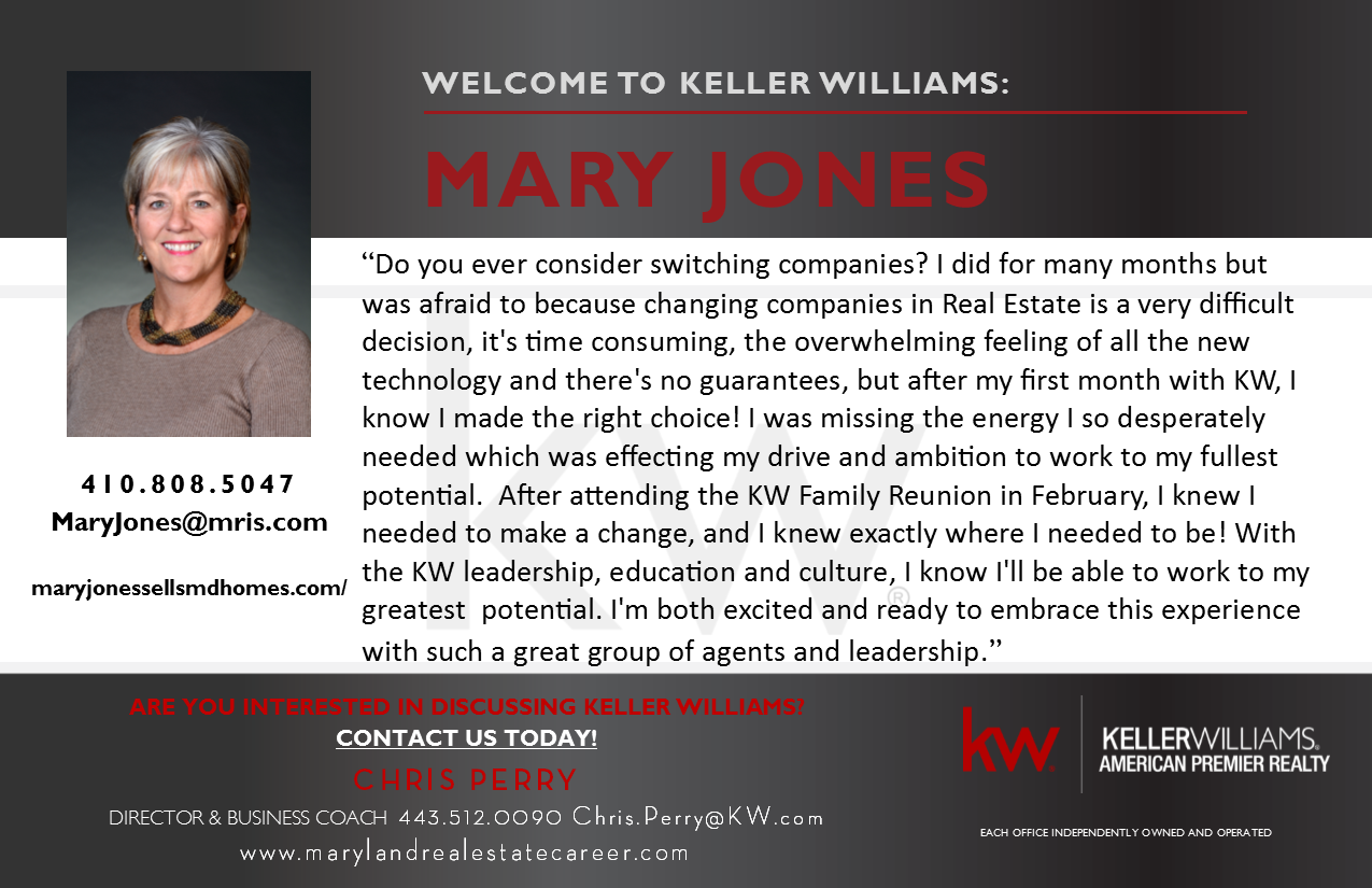 We Are Happy To Announce - Mary Jones Has Joined Keller Williams American Premier Realty!!