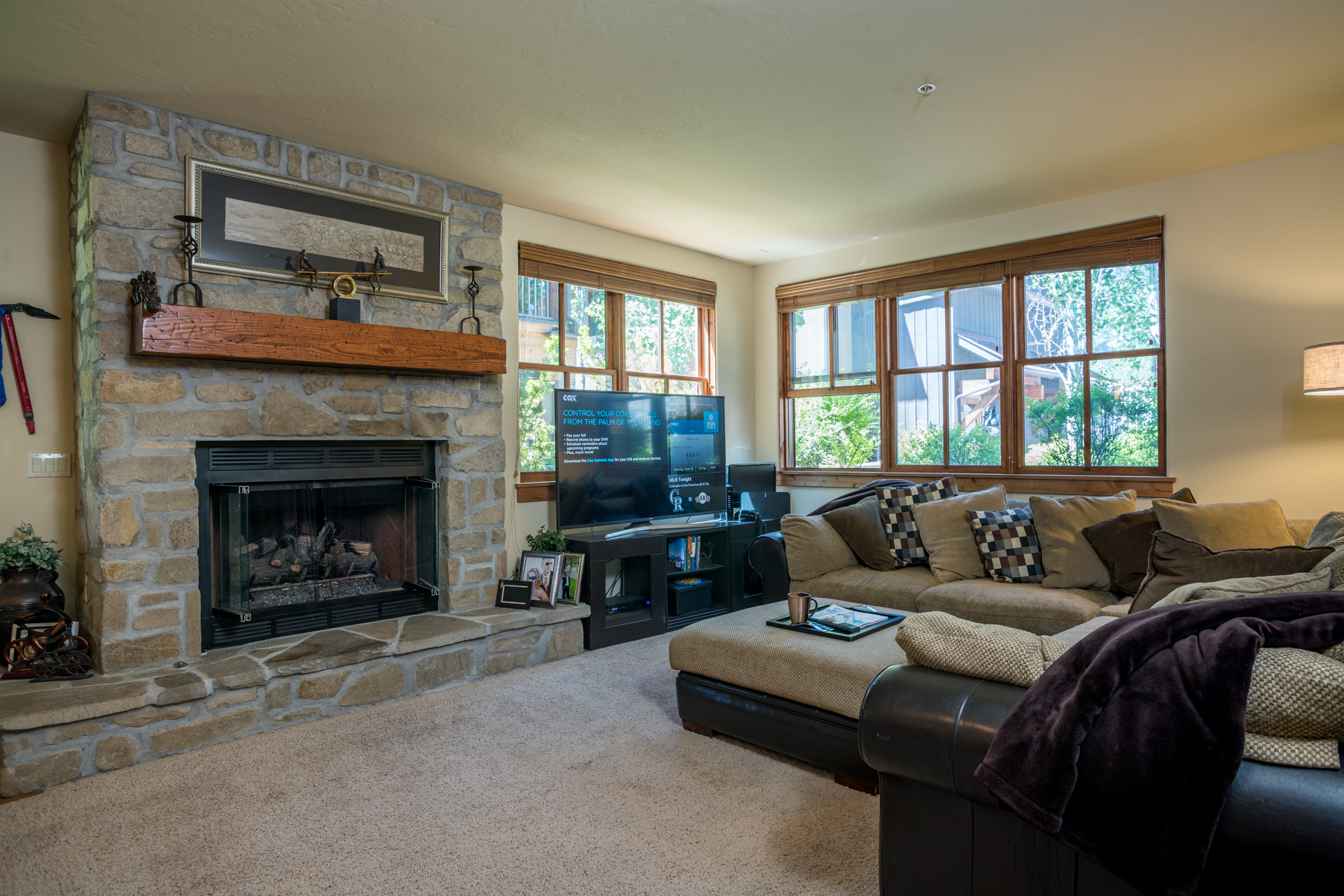 The gas fireplace is the focal point of this Featured Listing in Ketchum, Idaho. 