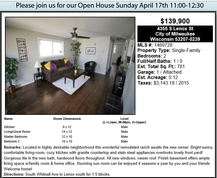 Open Houses Sunday April 17th