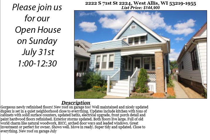 Open Houses Sunday July 31st