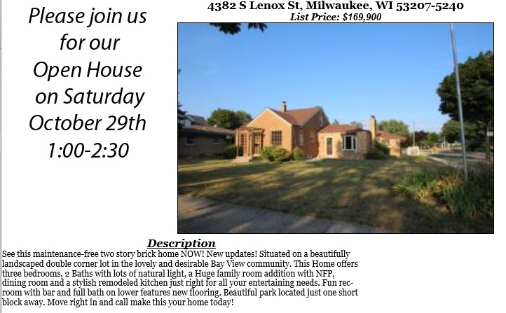 Open Houses Saturday October 29th