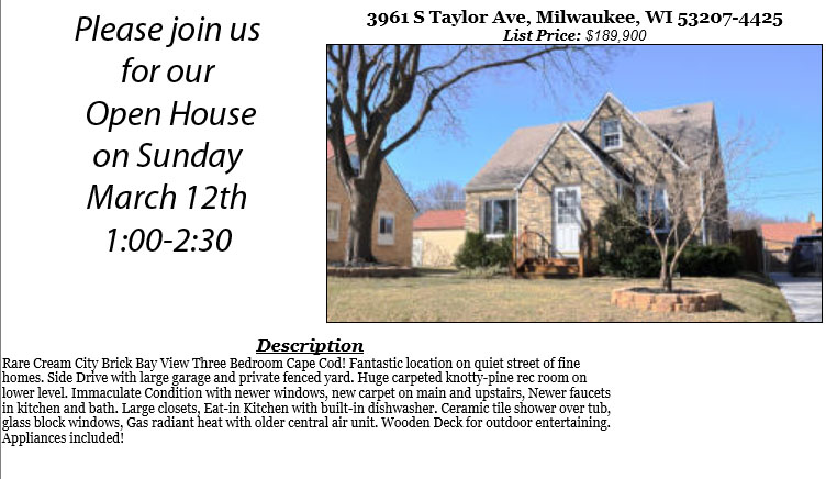 Open Houses Sunday March 12th