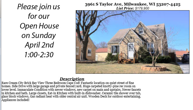 Open Houses Sunday April 2nd