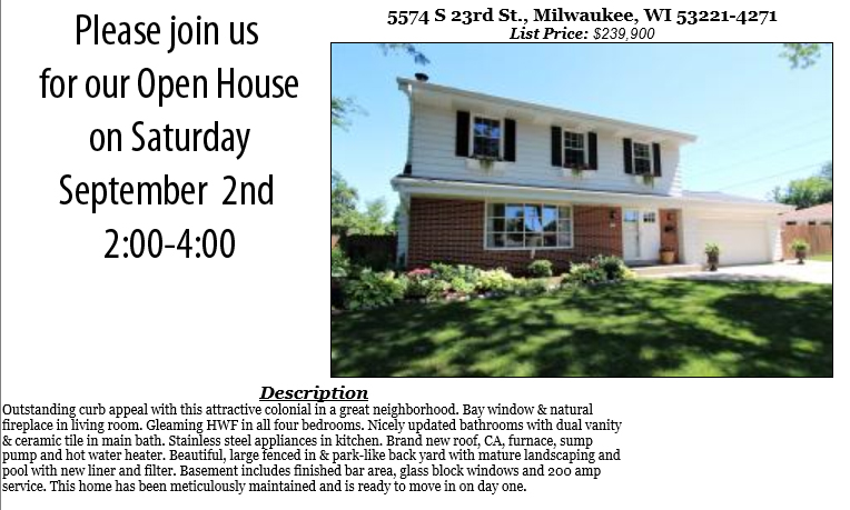 Open Houses Saturday September 2nd