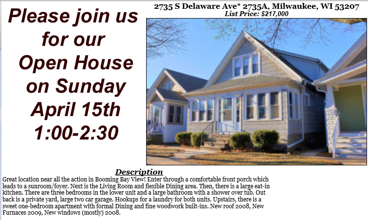 Open Houses Sunday April 15th