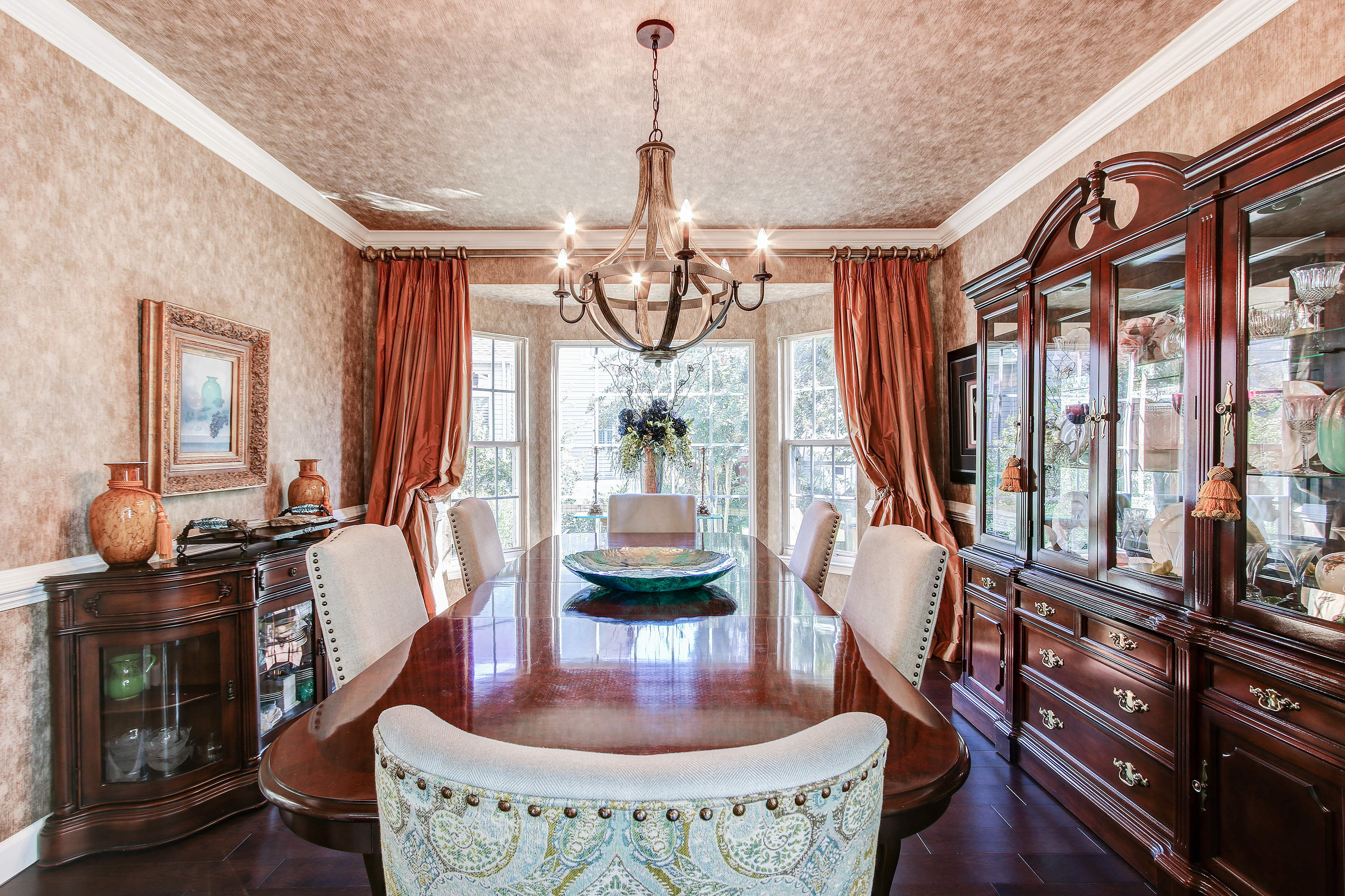 The dining room is classic with detailed design elements that have been customized for MQ and her space.