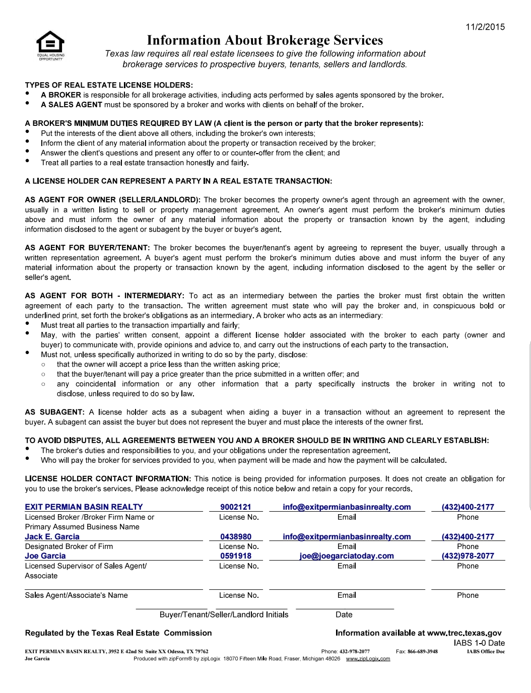 “Texas Real Estate Commission Information About Brokerage Service”