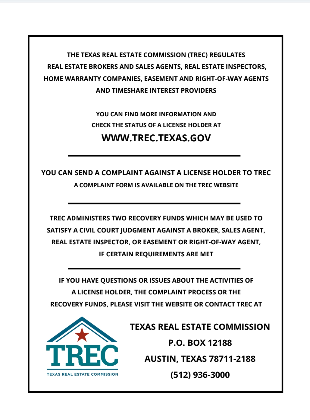“Texas Real Estate Commission Consumer Protection Notice”